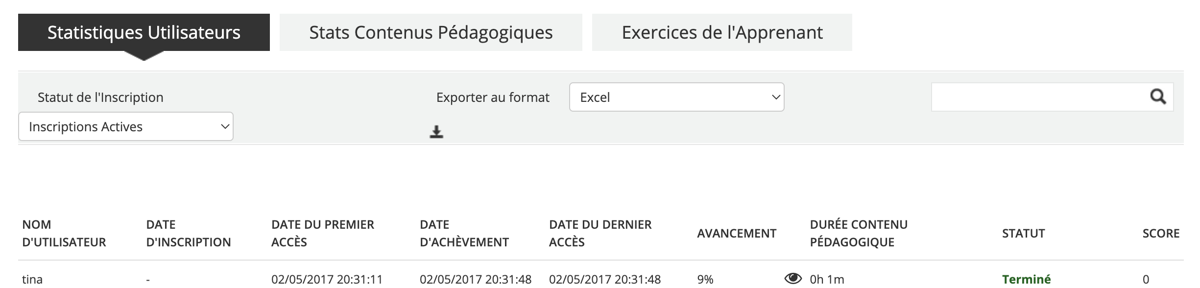Onglet exercices de l'apprenant